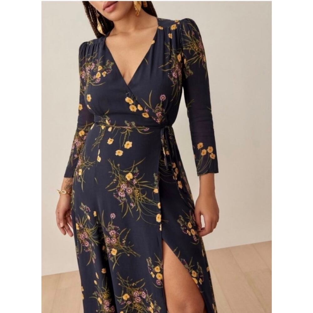 REFORMATION Melba Floral Wrap Midi Dress in Mademoiselle Navy Blue Size Small - Picture 4 of 10
